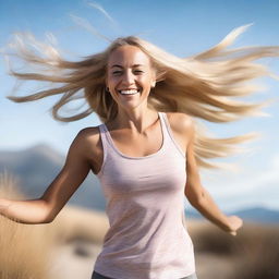 A blonde woman with a fit physique turns around joyfully, her hair flowing in the wind as she prances