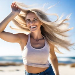 A blonde woman with a fit physique turns around joyfully, her hair flowing in the wind as she prances