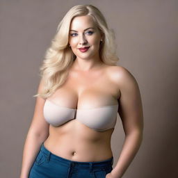 A blonde woman with a curvaceous figure, including a large bust and hips