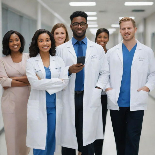 A diverse group of ambitious young professionals in healthcare garments working together in a modern hospital environment, showcasing technology and innovation.