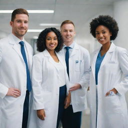 A diverse group of ambitious young professionals in healthcare garments working together in a modern hospital environment, showcasing technology and innovation.