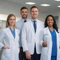 A diverse group of ambitious young professionals in healthcare garments working together in a modern hospital environment, showcasing technology and innovation.