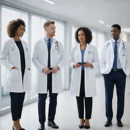 A diverse group of ambitious young professionals in healthcare garments working together in a modern hospital environment, showcasing technology and innovation.