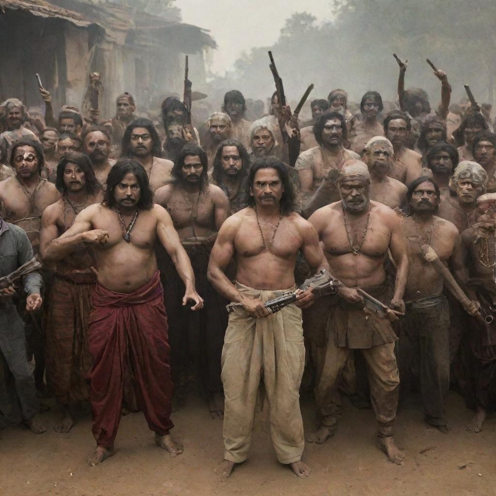 A large group of traditional Indian villains, brandishing guns and other weapons, gather menacingly in a particular location.