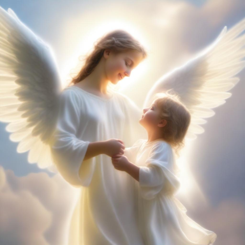 An angel with a gentle, soothing appearance is seen with a child