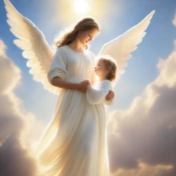 An angel with a gentle, soothing appearance is seen with a child