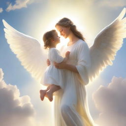 An angel with a gentle, soothing appearance is seen with a child