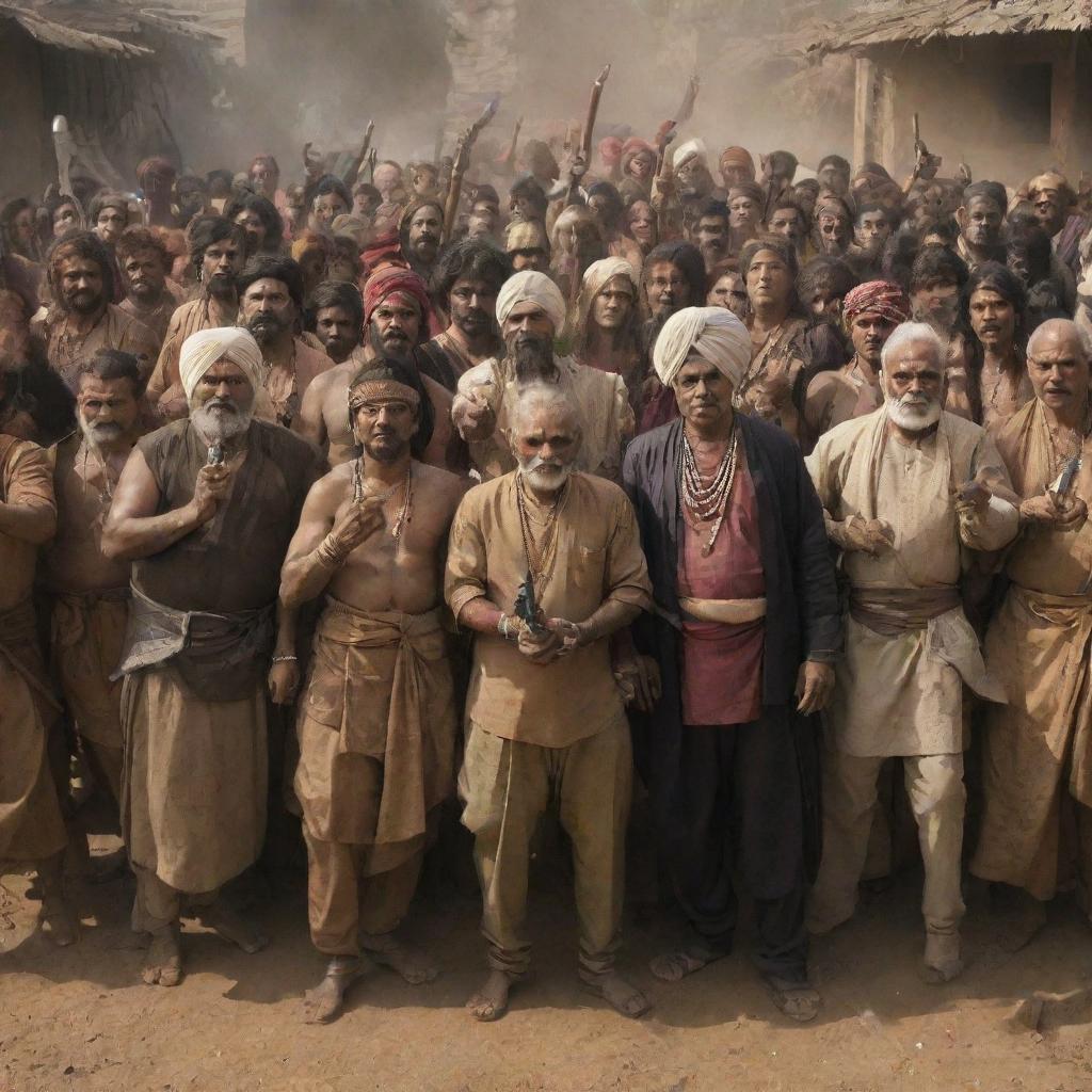 A large group of traditional Indian villains, brandishing guns and other weapons, gather menacingly in a particular location.