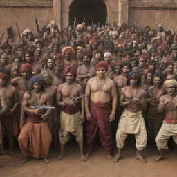 A large group of traditional Indian villains, brandishing guns and other weapons, gather menacingly in a particular location.