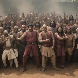 A large group of traditional Indian villains, brandishing guns and other weapons, gather menacingly in a particular location.