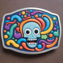 A cartoon style belt buckle with vibrant, surreal, and trippy elements.