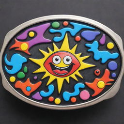 A cartoon style belt buckle with vibrant, surreal, and trippy elements.