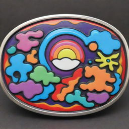 A cartoon style belt buckle with vibrant, surreal, and trippy elements.