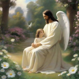 Jesus is seen with a child who has angel wings