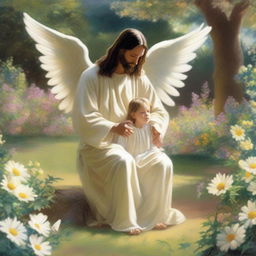 Jesus is seen with a child who has angel wings