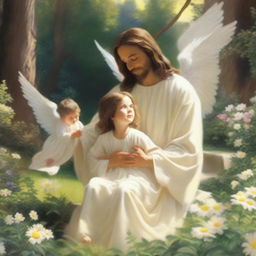 Jesus is seen with a child who has angel wings