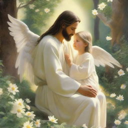 Jesus is seen with a child who has angel wings