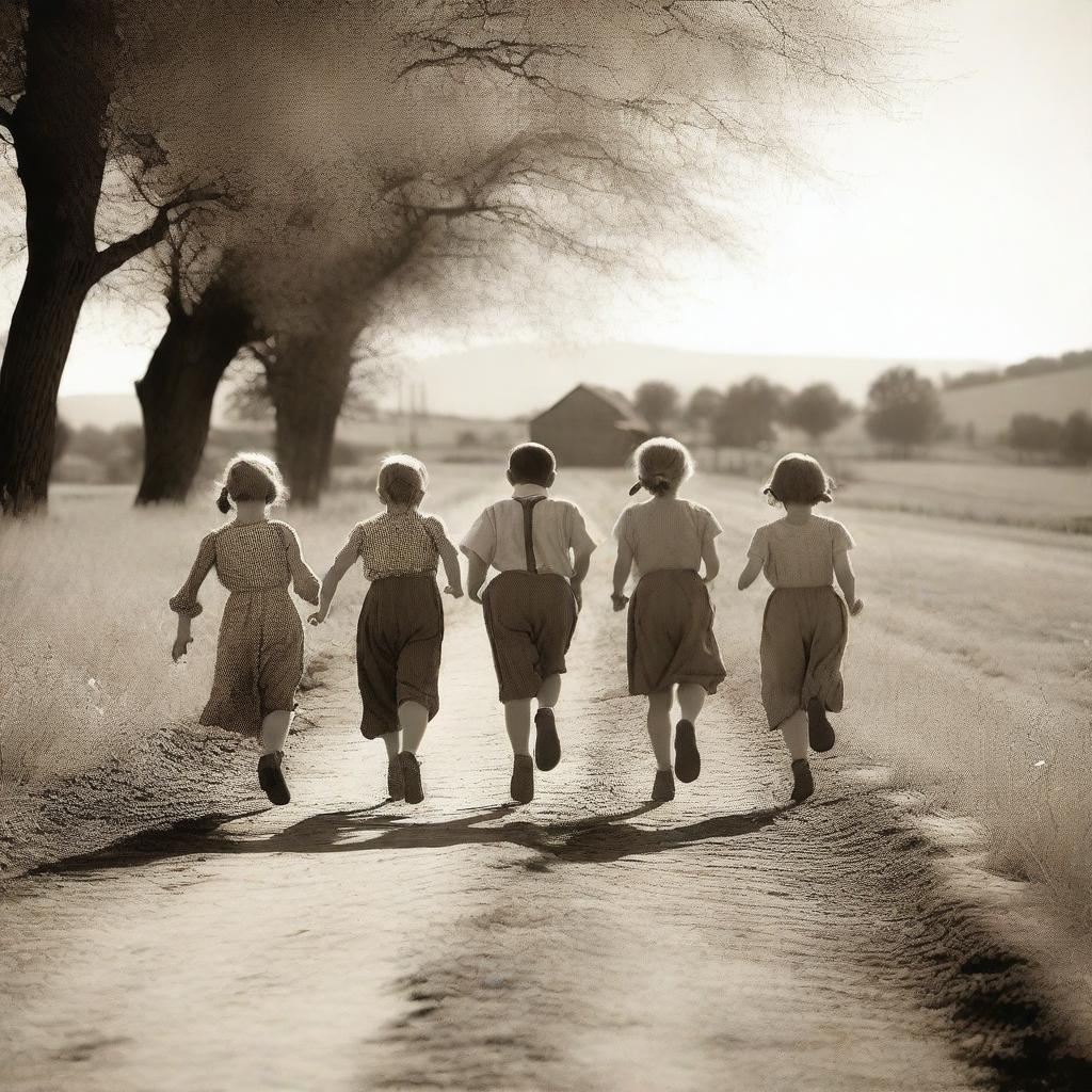 Create an image of three boys and three girls running on a farm road, viewed from behind, on a sunny day