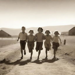 Create an image of three boys and three girls running on a farm road, viewed from behind, on a sunny day