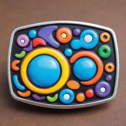 A cartoon style belt buckle with vibrant, surreal, and trippy elements.