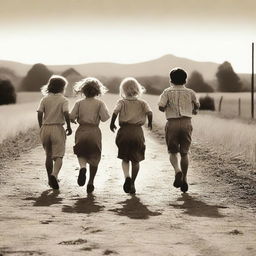 Create an image of three boys and three girls running on a farm road, viewed from behind, on a sunny day