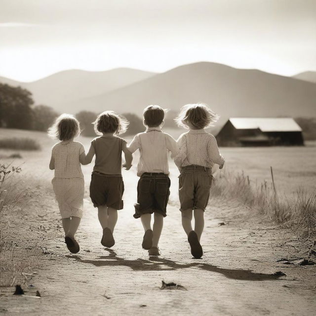 Create an image of three boys and three girls running on a farm road, viewed from behind, on a sunny day