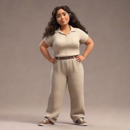 A pixar-style Mexican woman with long slightly curly hair, standing 1.67 meters tall and weighing 60 kilos. She wears a baggy sand-colored shirt and casual sweetpants, and has a round face. She's often seen listening to music.