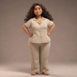 A pixar-style Mexican woman with long slightly curly hair, standing 1.67 meters tall and weighing 60 kilos. She wears a baggy sand-colored shirt and casual sweetpants, and has a round face. She's often seen listening to music.