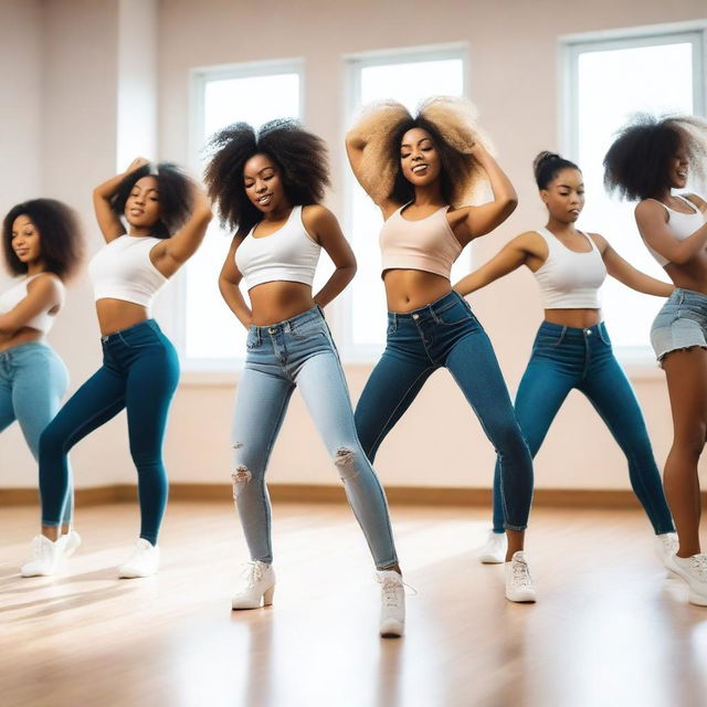 A group of confident women showcasing their dance skills in a twerking competition