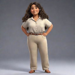 A pixar-style Mexican woman with long slightly curly hair, standing 1.67 meters tall and weighing 60 kilos. She wears a baggy sand-colored shirt and casual sweetpants, and has a round face. She's often seen listening to music.