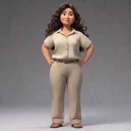 A pixar-style Mexican woman with long slightly curly hair, standing 1.67 meters tall and weighing 60 kilos. She wears a baggy sand-colored shirt and casual sweetpants, and has a round face. She's often seen listening to music.