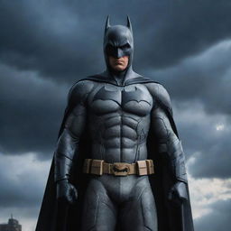 A highly detailed portrait of Batman standing heroically, with a dramatic sky full of clouds as the background