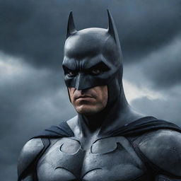 A highly detailed portrait of Batman standing heroically, with a dramatic sky full of clouds as the background