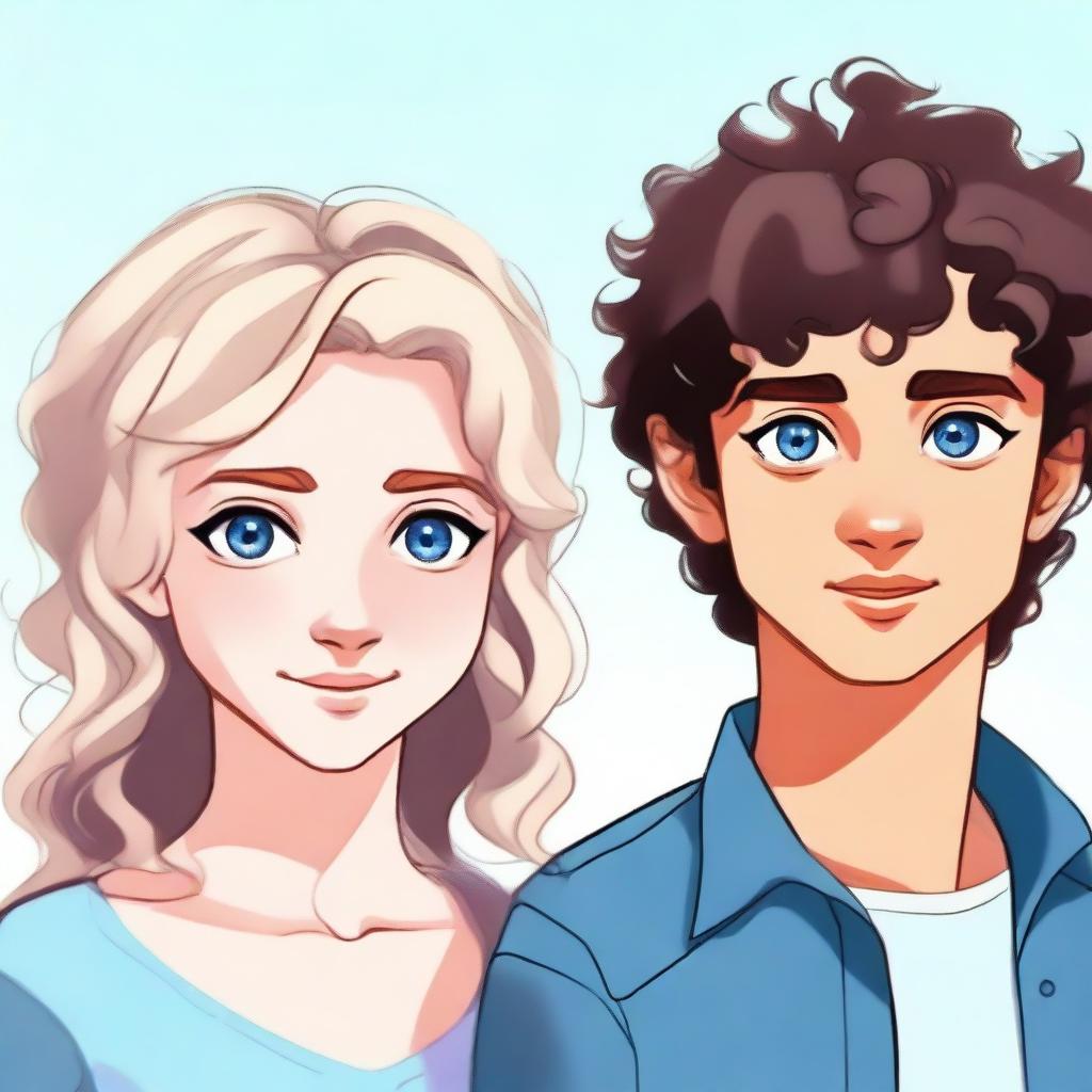 Generate an image of a girl with blonde hair and dark blue eyes standing next to a boy with dark brown curly hair and icy blue eyes