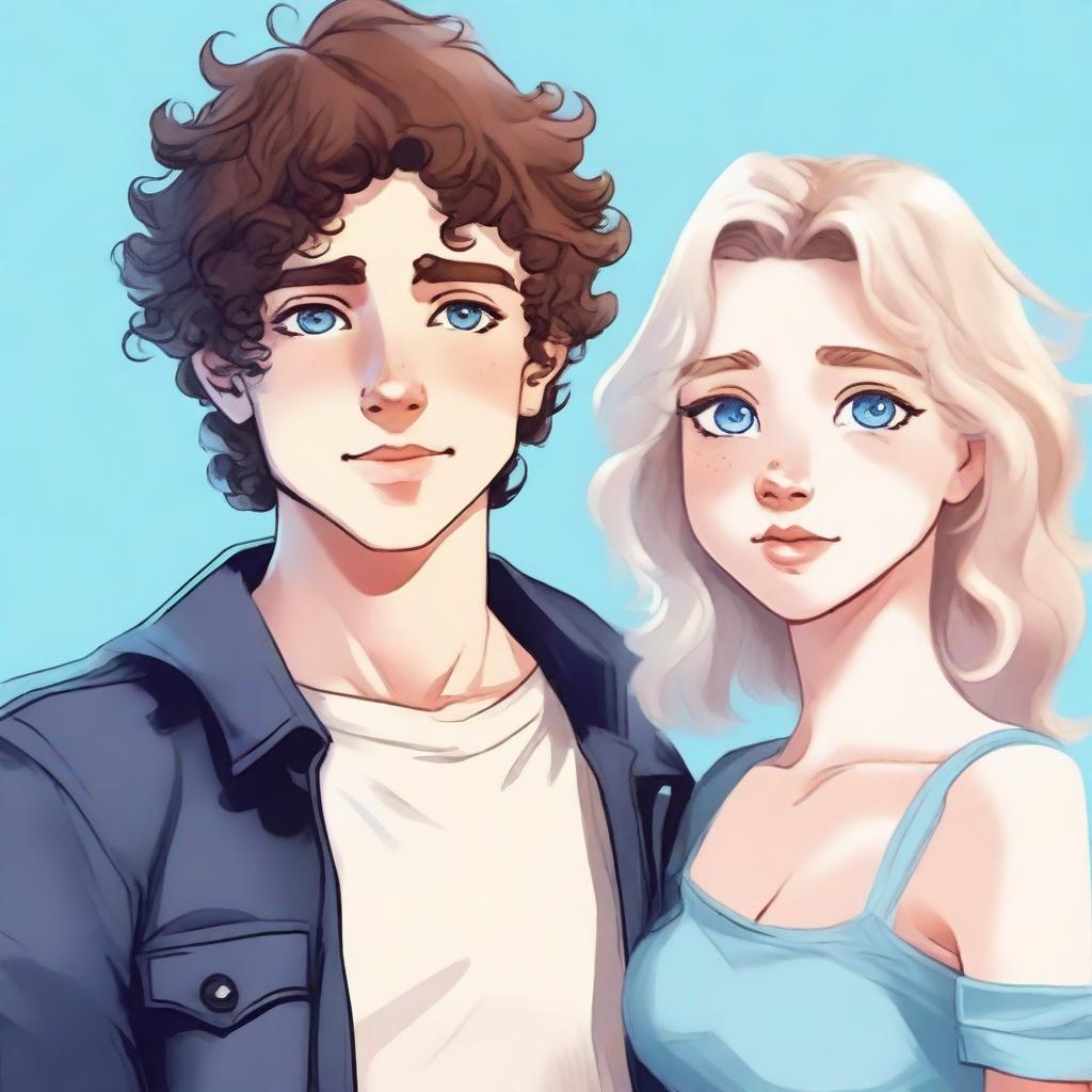 Generate an image of a girl with blonde hair and dark blue eyes standing next to a boy with dark brown curly hair and icy blue eyes