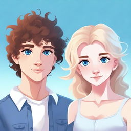 Generate an image of a girl with blonde hair and dark blue eyes standing next to a boy with dark brown curly hair and icy blue eyes