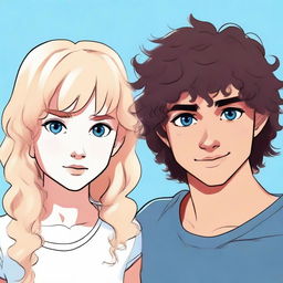 Generate an image of a girl with blonde hair and dark blue eyes standing next to a boy with dark brown curly hair and icy blue eyes