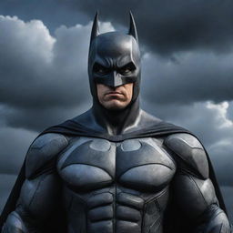 A highly detailed portrait of Batman standing heroically, with a dramatic sky full of clouds as the background