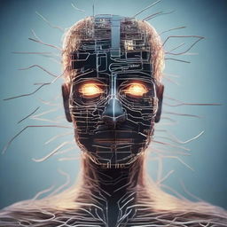 Create an image of a human being composed entirely of electrical wires and various electronic components such as: integrated circuits, lit LEDs, resistors, capacitors, printed circuits, etc