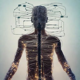 Create an image of a human being composed entirely of electrical wires and various electronic components such as: integrated circuits, lit LEDs, resistors, capacitors, printed circuits, etc