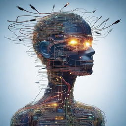 Create an image of a human being composed entirely of electrical wires and various electronic components such as: integrated circuits, lit LEDs, resistors, capacitors, printed circuits, etc