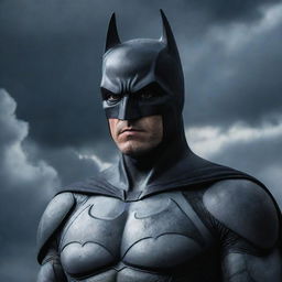 A highly detailed portrait of Batman standing heroically, with a dramatic sky full of clouds as the background