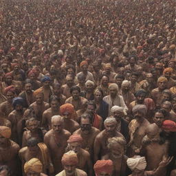 A vast gathering of a thousand traditional Indian villains, armed with guns and weapons, viewed from a long distance perspective.