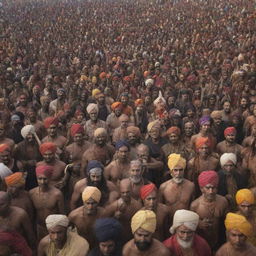 A vast gathering of a thousand traditional Indian villains, armed with guns and weapons, viewed from a long distance perspective.