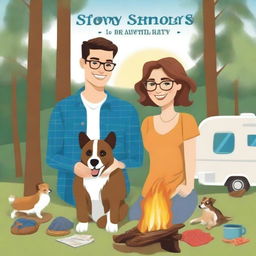 Create a modern romance book cover featuring a tall white man with short brown hair (without glasses), a white woman with brown hair and glasses, and a blue heeler dog