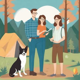 Generate a book cover featuring a tall white man with short brown hair and a white woman with brown hair and glasses