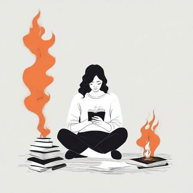 A minimalist white book cover featuring a girl sitting on the floor, holding a lighter in one hand and a burning book in the other