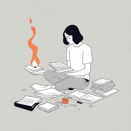 A minimalist white book cover featuring a girl sitting on the floor, holding a lighter in one hand and a burning book in the other