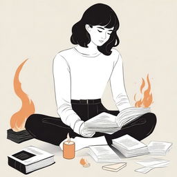 A minimalist white book cover featuring a girl sitting on the floor, holding a lighter in one hand and a burning book in the other