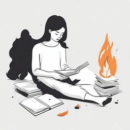 A minimalist white book cover featuring a girl sitting on the floor, holding a lighter in one hand and a burning book in the other